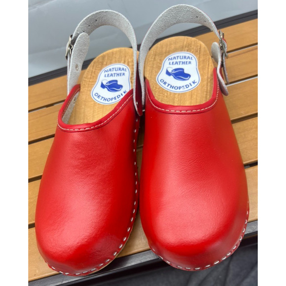 New Red ORTHOPEDIK Natural Leather Swedish Wood Clogs Mules 39 EU 8.5 US - Picture 2 of 9